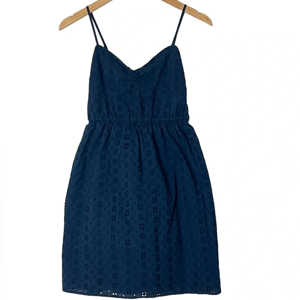 J. Crew | Navy eyelet spaghetti strap fit and flare mini sundress extra … - Picture 1 of 10